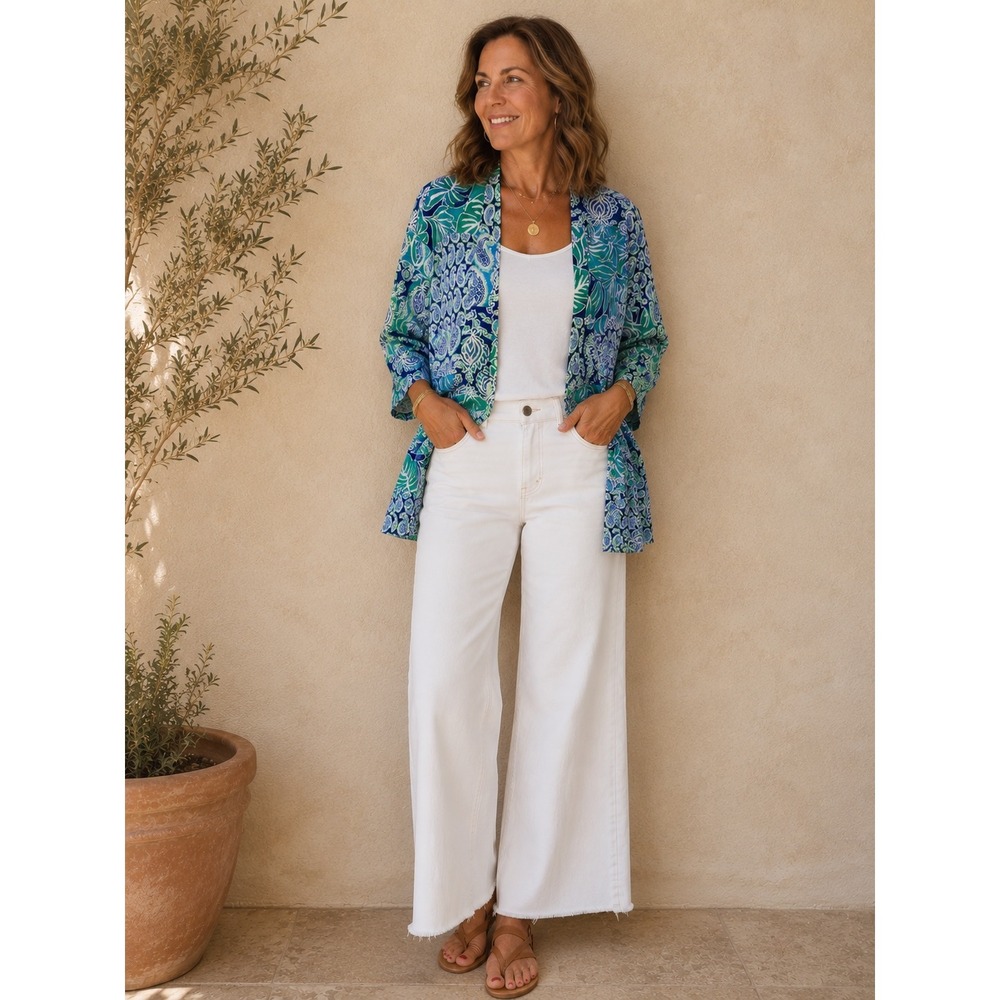 Ruby Rd Petite Open Front Cardigan PM Blue Green Paisley Tropical Palm 44330 NH